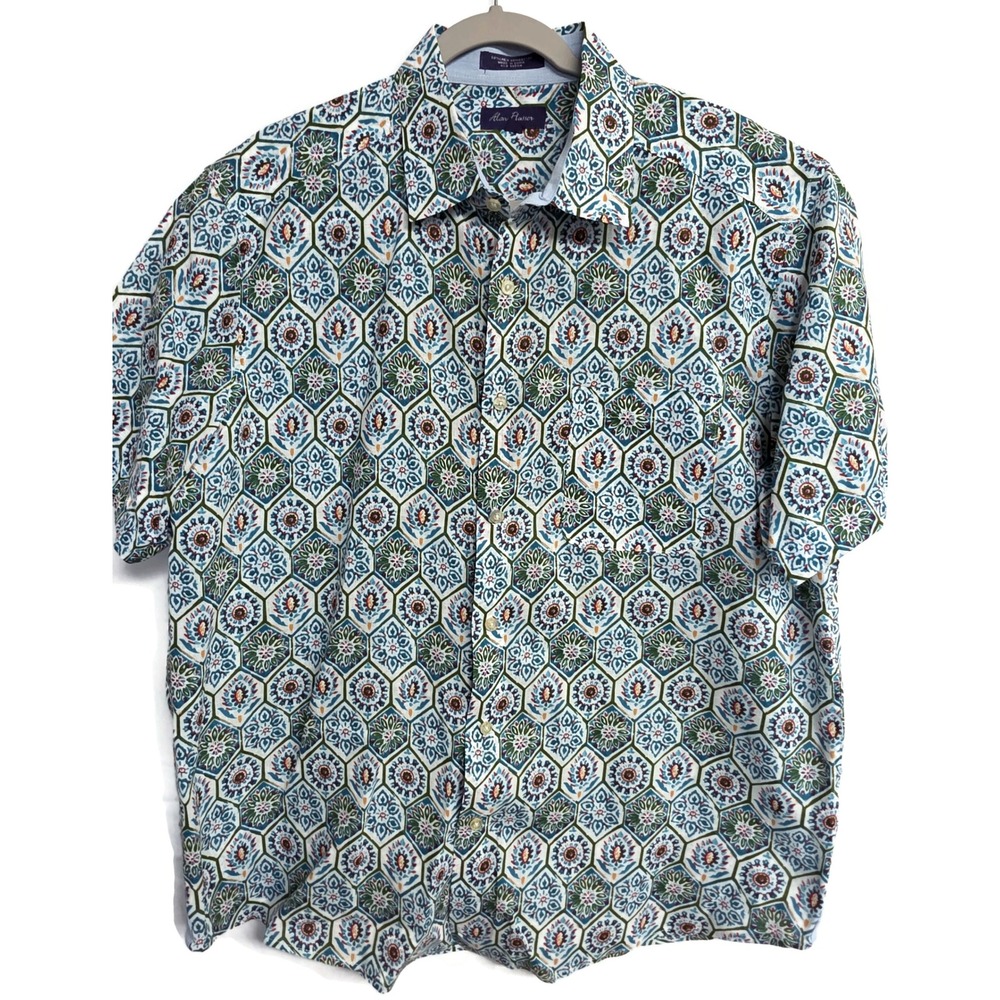 Alan Flusser Mens XL Short Sleeve Geometric Mosaic Linen Cotton Button Shirt